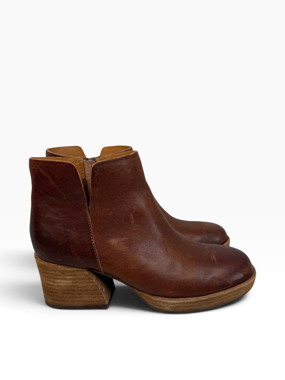 Kork-Ease Rubi Brown Leather Ankle Booties  Stacked Heel Women’s Sz 6